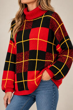 Ralsey Red Black Buffalo Plaid Oversized Turtleneck Sweater L Vintage